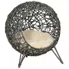 PawHut Rattan Elevated Cat Bed House Kitten Basket Ball Shaped Pet Furniture w/ Removable Cushion - Silver-Tone and Grey - 1