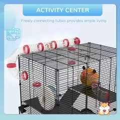 PawHut Gerbil Cage Dwarf Hamster Cage, with Deep Glass Bottom, Tunnels, Hut, Exercise Wheel, 60 x 40 x 57cm - 4