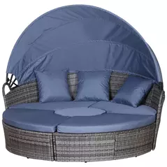 Outsunny Outdoor PE Rattan Garden Furniture with Cushioned, Patio Wicker Conversation Furniture Set, Round Daybed with Retractable Canopy, Coffee Table and Three Pillows, Grey/Blue Grey - 1
