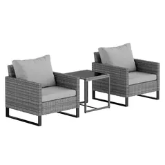 Outsunny 3 Pieces Rattan Bistro Set with 4 Cushions, Wicker Garden Furniture Set, Glass Top Coffee Table and Chairs for Outdoor Patio, Balcony, Terrace and Conservatory, Grey - 1
