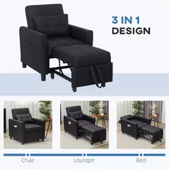 HOMCOM 3-In-1 Linen-Look Single Chair Bed with 11cm Thick Adjustable Back & Eucalyptus Wood Sofa Frame - Black - 6