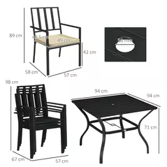 Outsunny 5 Pieces Garden Dining Set with Cushions, Outdoor Patio Table and 4 Stackable Chairs, Metal Top Table with Umbrella Hole, Black - 3