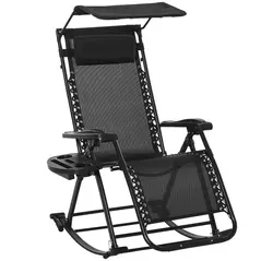 Outsunny Garden Rocking Chair Folding Recliner Outdoor Adjustable Sun Lounger Rocker Zero-Gravity Seat with Headrest Side Holder Patio Deck - Black - 1