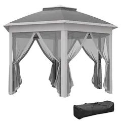 Outsunny 3 x 4m Garden Gazebo Hexagon Pop Up Gazebo Party Tent Canopy Double Roof Instant Shelter with Netting and Carry Bag for Outdoor Patio, Dark Grey - 1