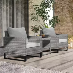 Outsunny 3 Pieces Rattan Bistro Set with 4 Cushions, Wicker Garden Furniture Set, Glass Top Coffee Table and Chairs for Outdoor Patio, Balcony, Terrace and Conservatory, Grey - 2