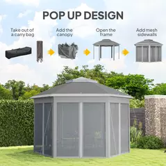 Outsunny 3 x 4m Garden Gazebo Hexagon Pop Up Gazebo Party Tent Canopy Double Roof Instant Shelter with Netting and Carry Bag for Outdoor Patio, Dark Grey - 4