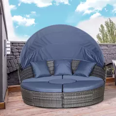 Outsunny Outdoor PE Rattan Garden Furniture with Cushioned, Patio Wicker Conversation Furniture Set, Round Daybed with Retractable Canopy, Coffee Table and Three Pillows, Grey/Blue Grey - 2