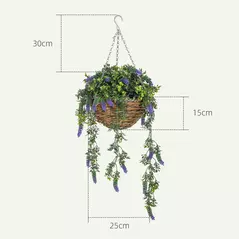 HOMCOM Set of 2 Decorative Artificial Plants, Faux Silk Lavender Flowers in Hanging Baskets, Fake Plants for Home Indoor Outdoor Decor, Purple - 3
