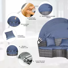 Outsunny Outdoor PE Rattan Garden Furniture with Cushioned, Patio Wicker Conversation Furniture Set, Round Daybed with Retractable Canopy, Coffee Table and Three Pillows, Grey/Blue Grey - 5