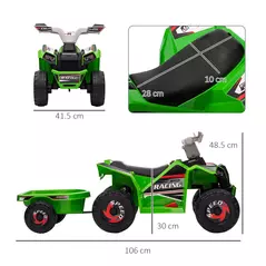 HOMCOM 6V Quad Bike with Back Trailer, Wear-Resistant Wheels, for Ages 18-36 Months, Green - 3