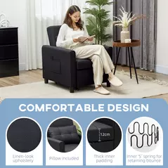 HOMCOM 3-In-1 Linen-Look Single Chair Bed with 11cm Thick Adjustable Back & Eucalyptus Wood Sofa Frame - Black - 4