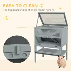 PawHut Wooden Hamster Cage 3 Tier House w/ Storage Shelf, Openable Top for Gerbils, Grey - 5