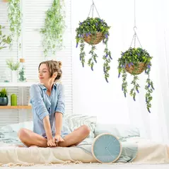 HOMCOM Set of 2 Decorative Artificial Plants, Faux Silk Lavender Flowers in Hanging Baskets, Fake Plants for Home Indoor Outdoor Decor, Purple - 2