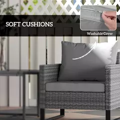 Outsunny 3 Pieces Rattan Bistro Set with 4 Cushions, Wicker Garden Furniture Set, Glass Top Coffee Table and Chairs for Outdoor Patio, Balcony, Terrace and Conservatory, Grey - 5