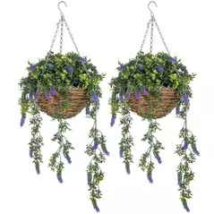 HOMCOM Set of 2 Decorative Artificial Plants, Faux Silk Lavender Flowers in Hanging Baskets, Fake Plants for Home Indoor Outdoor Decor, Purple - 1