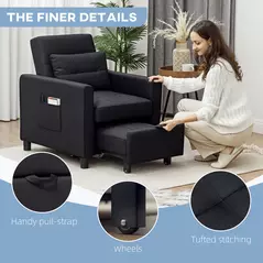 HOMCOM 3-In-1 Linen-Look Single Chair Bed with 11cm Thick Adjustable Back & Eucalyptus Wood Sofa Frame - Black - 7