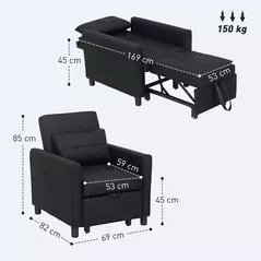 HOMCOM 3-In-1 Linen-Look Single Chair Bed with 11cm Thick Adjustable Back & Eucalyptus Wood Sofa Frame - Black - 3