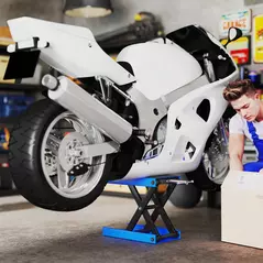 DURHAND 500KG Motorcycle Lift Scissor Jack, Height Adjustable Motorbike Stand with Anti-Slip Wide Deck, Heavy Duty Steel Motorbike Repair Lift Hoist Stand for Home Garage, Blue - 2