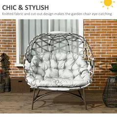 Outsunny 2 Seater Egg Chair Outdoor, Folding Weave Garden Furniture Chair with Cushion, Cup Pockets - Light Grey - 4