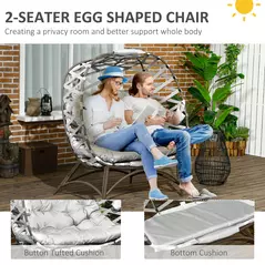 Outsunny 2 Seater Egg Chair Outdoor, Folding Weave Garden Furniture Chair with Cushion, Cup Pockets - Light Grey - 5