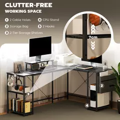 HOMCOM 168cm Reversible L Shaped Desk, Industrial Corner Computer Desk with Adjustable Shelf and Storage Bag, 240cm 2 Person PC Table with Monitor Stand, Black - 4