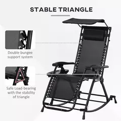 Outsunny Garden Rocking Chair Folding Recliner Outdoor Adjustable Sun Lounger Rocker Zero-Gravity Seat with Headrest Side Holder Patio Deck - Black - 6
