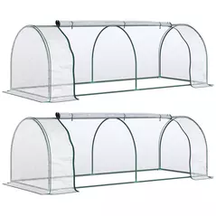 Outsunny Set of 2 Tunnel Greenhouse, Green Grow House with Roll-up Door, Steel Frame, Plastic Cover for Garden, Outdoor, 250 x 100 x 80cm, Clear - 1