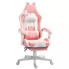 HOMCOM Cat Ear and Paw Reclining Office Chair, with Footrest - Pink/White - 1