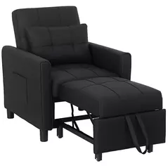 HOMCOM 3-In-1 Linen-Look Single Chair Bed with 11cm Thick Adjustable Back & Eucalyptus Wood Sofa Frame - Black - 1