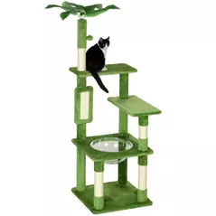 PawHut 142cm Cat Tree Tower, with Scratching Post, Hammock, Toy Ball, Platforms - Green - 1
