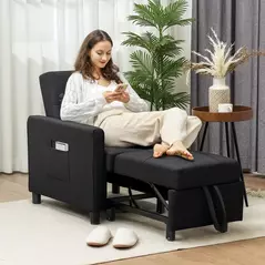 HOMCOM 3-In-1 Linen-Look Single Chair Bed with 11cm Thick Adjustable Back & Eucalyptus Wood Sofa Frame - Black - 2