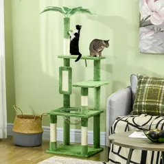 PawHut 142cm Cat Tree Tower, with Scratching Post, Hammock, Toy Ball, Platforms - Green - 2