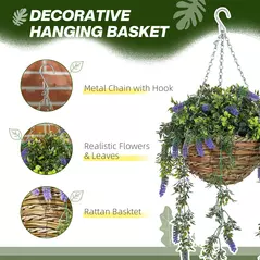 HOMCOM Set of 2 Decorative Artificial Plants, Faux Silk Lavender Flowers in Hanging Baskets, Fake Plants for Home Indoor Outdoor Decor, Purple - 4