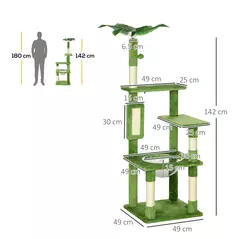 PawHut 142cm Cat Tree Tower, with Scratching Post, Hammock, Toy Ball, Platforms - Green - 3