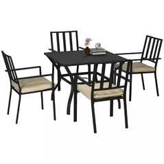 Outsunny 5 Pieces Garden Dining Set with Cushions, Outdoor Patio Table and 4 Stackable Chairs, Metal Top Table with Umbrella Hole, Black - 1