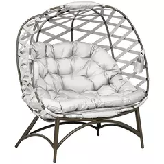 Outsunny 2 Seater Egg Chair Outdoor, Folding Weave Garden Furniture Chair with Cushion, Cup Pockets - Light Grey - 1