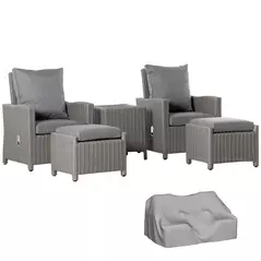 Outsunny 5 Pieces Outdoor PE Rattan Garden Furniture with Cushions, Patio Lounge Adjustable Backrest Chairs, Footstools and Cooler Bar Coffee Table & Cover, Grey - 1