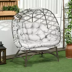 Outsunny 2 Seater Egg Chair Outdoor, Folding Weave Garden Furniture Chair with Cushion, Cup Pockets - Light Grey - 2