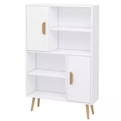 HOMCOM Sideboard Bookshelf Free Standing Bookcase Shelves Unit Display Storage Cabinet w/ Adjustable Shelves, Wooden Leg, Two Doors, White - 1