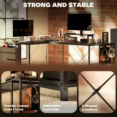 HOMCOM 168cm Reversible L Shaped Desk, Industrial Corner Computer Desk with Adjustable Shelf and Storage Bag, 240cm 2 Person PC Table with Monitor Stand, Black - 7