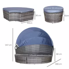 Outsunny Outdoor PE Rattan Garden Furniture with Cushioned, Patio Wicker Conversation Furniture Set, Round Daybed with Retractable Canopy, Coffee Table and Three Pillows, Grey/Blue Grey - 3