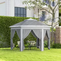 Outsunny 3 x 4m Garden Gazebo Hexagon Pop Up Gazebo Party Tent Canopy Double Roof Instant Shelter with Netting and Carry Bag for Outdoor Patio, Dark Grey - 2