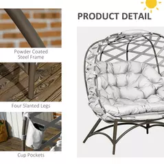 Outsunny 2 Seater Egg Chair Outdoor, Folding Weave Garden Furniture Chair with Cushion, Cup Pockets - Light Grey - 7