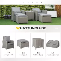 Outsunny 5 Pieces Outdoor PE Rattan Garden Furniture with Cushions, Patio Lounge Adjustable Backrest Chairs, Footstools and Cooler Bar Coffee Table & Cover, Grey - 4