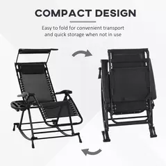 Outsunny Garden Rocking Chair Folding Recliner Outdoor Adjustable Sun Lounger Rocker Zero-Gravity Seat with Headrest Side Holder Patio Deck - Black - 4