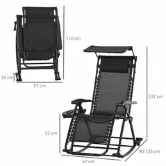 Outsunny Garden Rocking Chair Folding Recliner Outdoor Adjustable Sun Lounger Rocker Zero-Gravity Seat with Headrest Side Holder Patio Deck - Black - 3