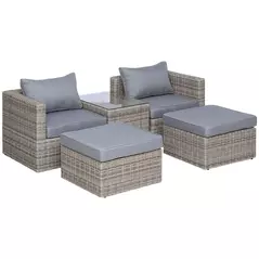 Outsunny 5 Piece Rattan Garden Furniture Set w/ 10cm Thick Cushions, Aluminium Frame Wicker Outdoor Balcony Sofa Set with Corner Armchairs, Ottomans, and Glass Top Table, Mixed Brown - 1