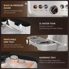 HOMCOM 15 Bar Coffee Machine, with Adjustable Grind, Steamer and Accessories - Silver Colour - 8