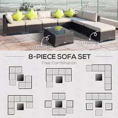 Outsunny 8 Piece Rattan Corner Sofa Set with Wide & Deep Seat, Assembled Aluminium PE Rattan Garden Furniture Set with Thick Cushions and Glass Top Table for Outdoor, Conservatory, Mixed Brown - 6