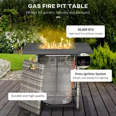 Outsunny Outdoor PE Rattan Gas Fire Pit Table, Patio Square Propane Heater with Rain Cover, Mesh Lid and Lava Stone, 40,000 BTU, Mixed Grey - 4